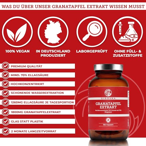 QIDOSHA® Granatapfel Extrakt Kapseln hochdosiert, 70% Ellagsäure, 180 Stk/Glas, 75:1 Premium-Extrakt mit 1800mg Granatapfel Extrakt je Tagesportion, vegan, deutsche Fertigung