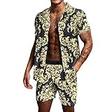 BUYJYA Men's Flower Shirt Short 2 Piece Hawaiian Sets Casual Button Down Floral Tracksuit Beach Outf