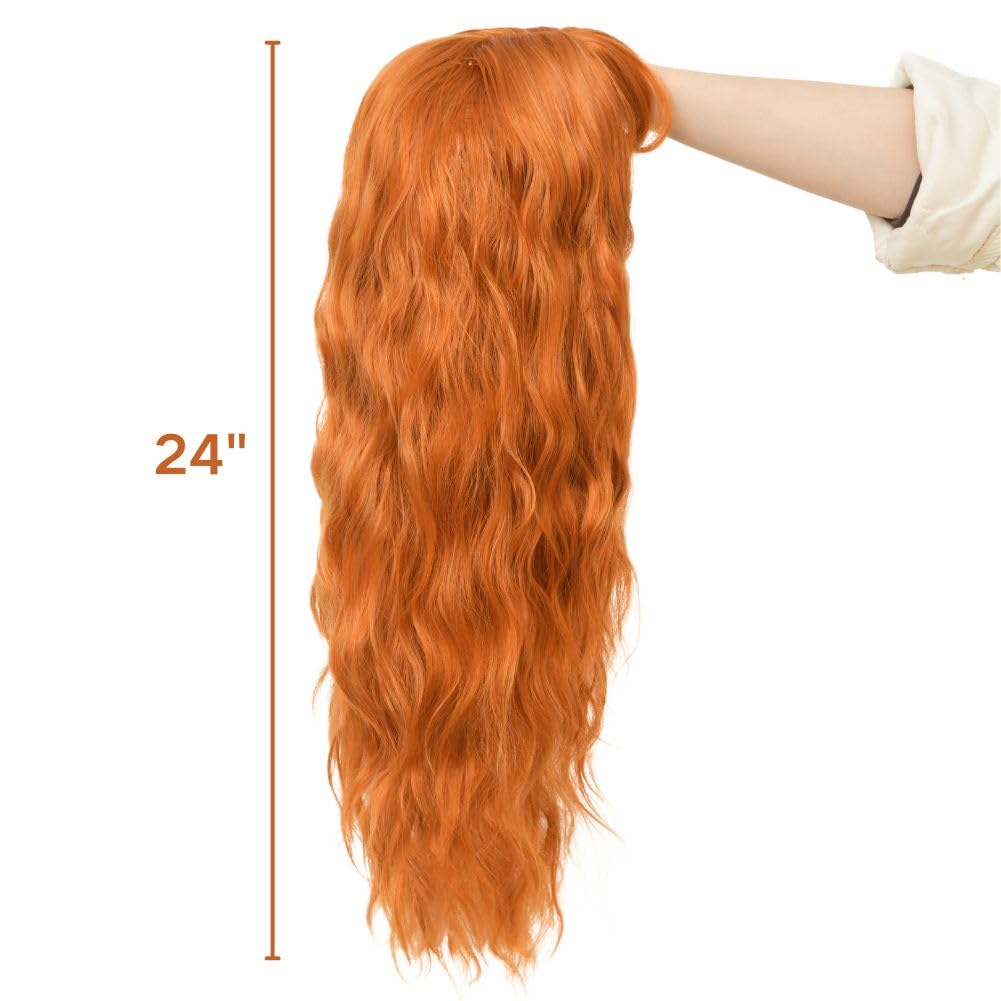Orange Curly Long Wigs for Women with Bangs Natural Shag Wavy Wig 24Inch Synthetic Fluffy Ginger Hair Wig for Halloween Use (Orange) - Image 4