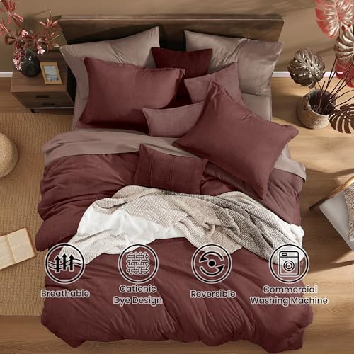 Monbix Full Size Comforter Set, Dark Red Bedding Comforter for Full Size Bed Set Reversible, Bedding Sets Full 7 Pieces, Cationic Dyeing Bed in a Bag with Comforter, Sheets, Pillowcases & Shams