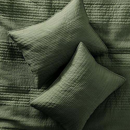 palassio Striped Olive Green 100% Cotton Quilt California Cal King Size Bedding Sets, Oversized Lightweight Channel Pick Stitch Textured Bedspread Soft Farmhouse Coverlet for All Season, 2 Shams - Image 7