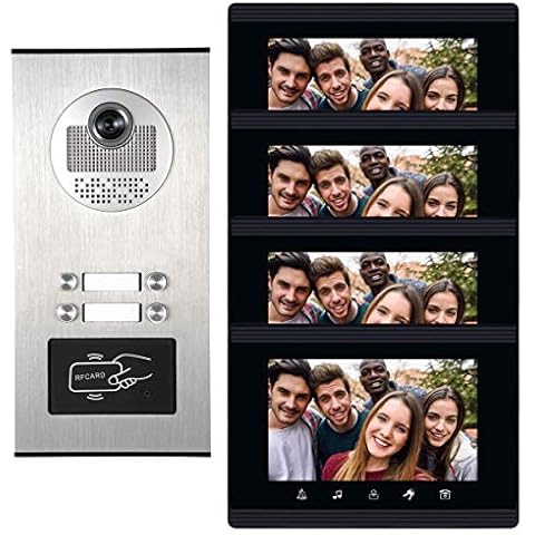 AMOCAM Upgrade Versions 4 Units Apartment Intercom System 7 inch Touch Monitor Video Door Phone Kits Support Ethernet Cable Connect, Single-Supply, ID Keyfobs Unlock for Home Apartment Cover