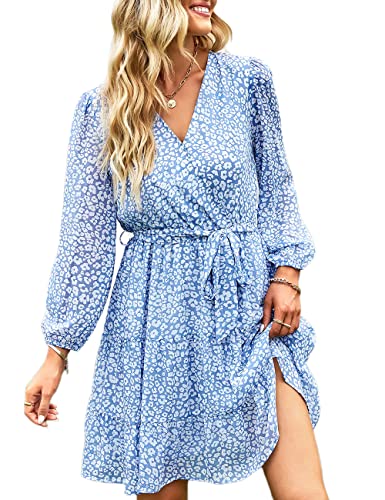 MAYFASEY Vestido cruzado de manga larga con estampado floral vintage para mujer, mini vestidos con cinturón, A-azul claro, XL Cover