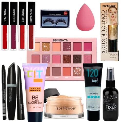 BBMENOW Professional Full Face Makeup Combo Kit for Women with Eyeshadow Palette, Liquid Matte Lipsticks, Foundation, Primer, Face Powder, Makeup Fixer, Kajal, Mascara, False Lashes, Beauty Blender, Contour Stick & Makeup Sponge
