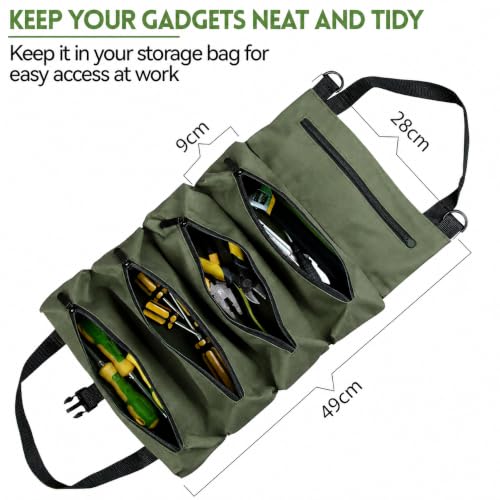 Image of Tool Roll Bag, Multi-Purpose Roll Up Tool Organizer, Canvas Wrench Roll, Heavy-Duty Tool Storage Bag, Portable Zipper Tool Carrier, Mechanic Tool Pouch, Car Camping Gear Organizer(Green)