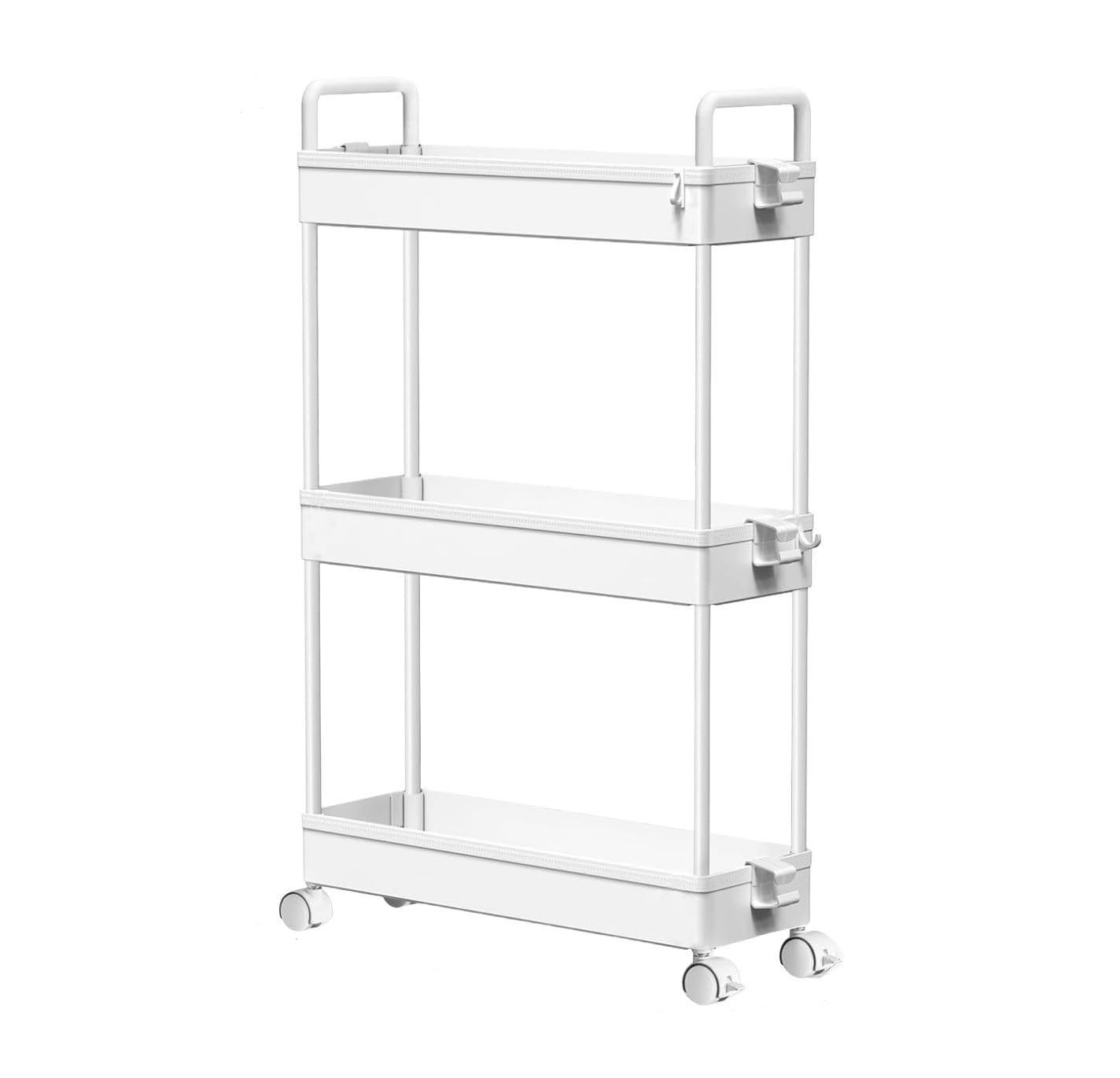 Magna Retail White 3-Tier Ultra Slim Plastic Trolley On Wheels, Utility Cart
