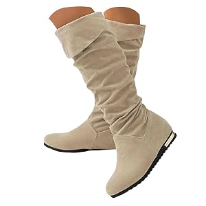 Wide Calf Sued Flat Boot Chunky Low Heels Almond Toe Long Booties Fashion Fall Winter Non Slip Dressy