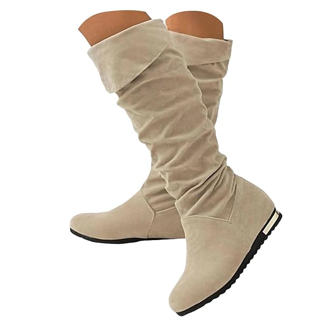 Wide Calf Sued Flat Boot Chunky Low Heels Almond Toe Long Booties Fashion Fall Winter Non Slip Dressy