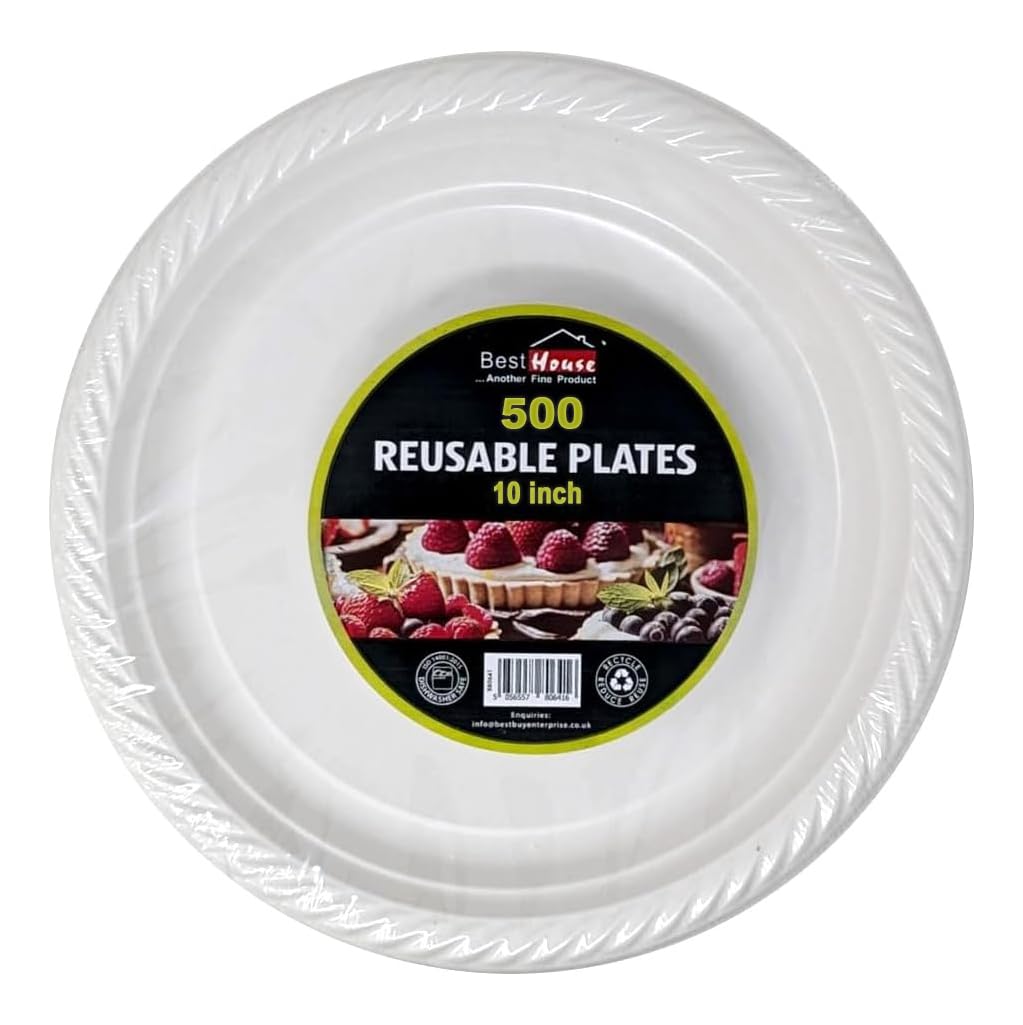 BH | 500 Pcs White Dinner Plates | 10 Inch | Reusable & Washable Heavy Duty Dinnerware | Microwave Safe Crockery for Birthday Parties, Catering, Camping & Everyday Use - By Best House