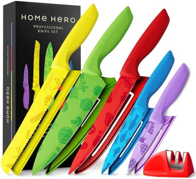Home Hero 11 Pcs Kitchen Knife Set with Sharpener - High Carbon Stainless Steel Knife Block Set with Ergonomic Handles (Rainbow)