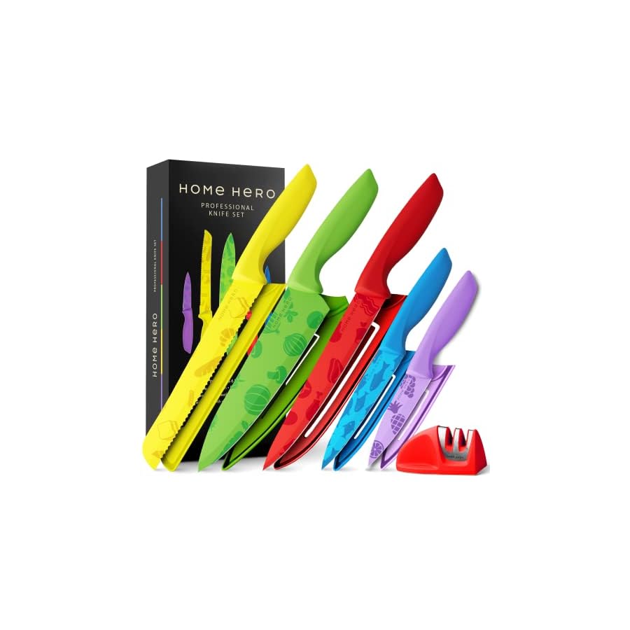 Home-Hero-Rainbow-Knife-Set-Kitchen-Knife-Set-11-pcs-Knives-Set-for-Kitchen-Kitchen-Knife-Sets-Knife-with-Sheath-Butcher-Knife-Set-Colorful-Knife-Set-Cooking-Knife-Set-Cutting-Knifes-Set Home Hero Kitchen Knife Set with Sheath Covers - High Carbon Stainless Steel Kitchen Knives with Ergonomic Handles & Ceramic Coating, Nonstick Ceramic Knife Set with Chef Knife (11 Pcs - Rainbow)
