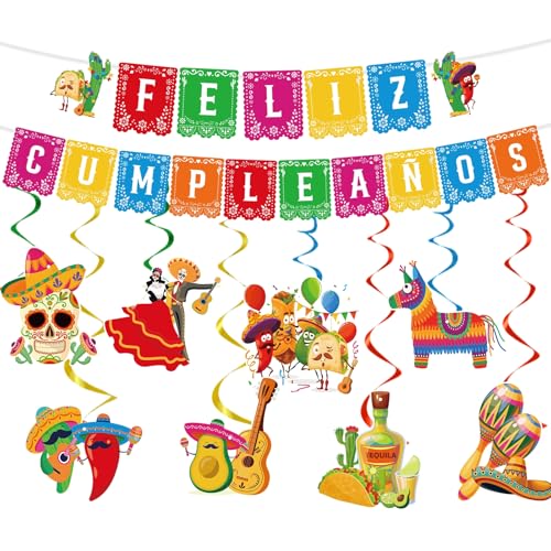 Image of Rakuto Mexican Birthday Party Decorations - 10PCS Mexican Party Decorations Feliz Cumpleanos Banner Hanging Swirls Decoration Fiesta Themed Dia De Los Muertos Cinco De Mayo Birthday Decor Supplies