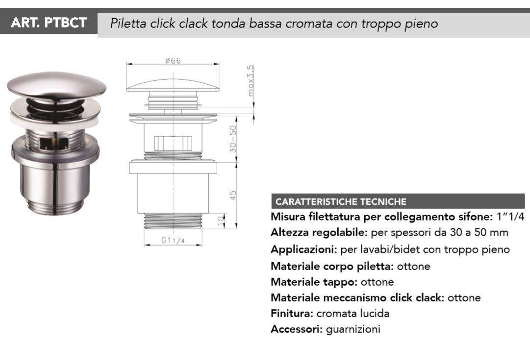 Kit sifone e piletta di scarico con troppo pieno, ottone - Tecom