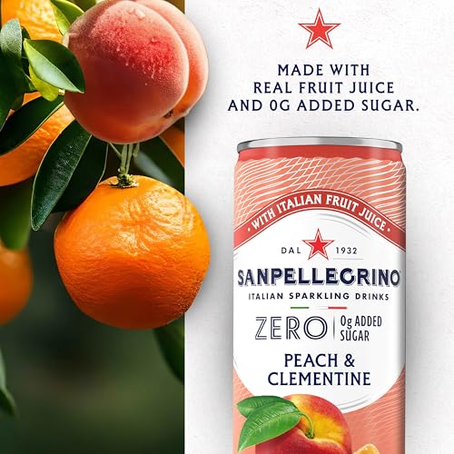 Zero Grams Added Sugar Italian Sparkling Drinks, Sparkling Peach Clementine Beverage, 24 Pack of 11.15 Fl Oz Cans