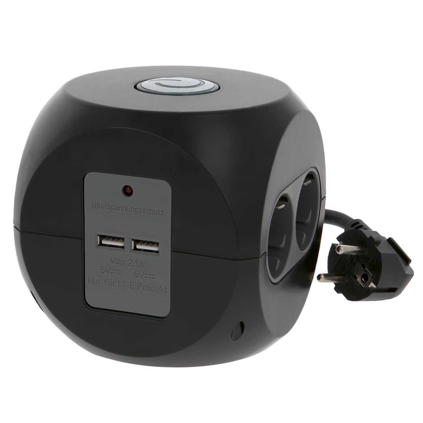 Amig - Base multipla da tavolo con interruttore Mod.5540 con 6 prese + 2 prese USB, multipla a forma di cubo con protezione da sovratensione, dimensioni: 12 x 12 x 12 cm, tensione massima: 250 V, nero