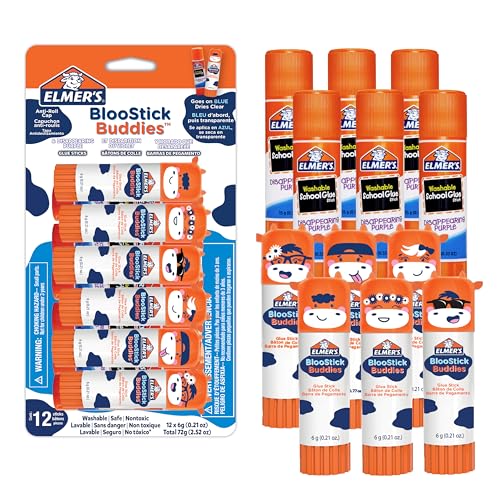 Elmer's - Elmer's BlooStick Buddies Glue Sticks, Disappearing Blue Glue Stick, Anti-Roll Cap, 6g, 12 Count