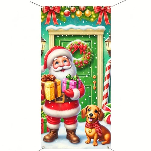 Image of BlissYard Christmas Door Cover Santa Dog 35x71 Inch Polyester