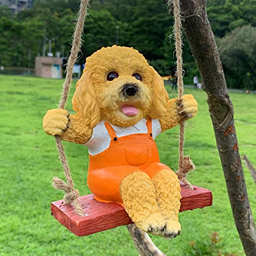 iRonrain Estatua De Jardín Animal Columpio Perro De Peluche, Interior Al Aire Libre Lindo Banco Colgante Cachorro Arte Decoración Estatuilla Adorno Para Patio Paisaje Árbol Decoración (Yellow/Orange) Cover