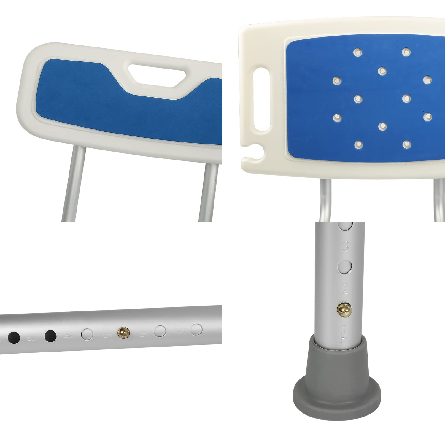 SHISHI Silla de Baño Antideslizantes, Taburete de Baño Mayores, Taburete de Ducha Altura Regulable, Aluminio y Plástico, Silla Ducha con Respaldo, Azul-Blanco C, 38×36×(70-83) cm