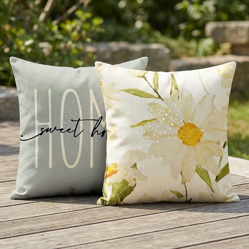 Vorysum Set di 2 federe impermeabili per esterni, 45 x 45 cm, motivo floreale, colore bianco, grigio, moderne, estive, per divano, balcone, piscina, campeggio