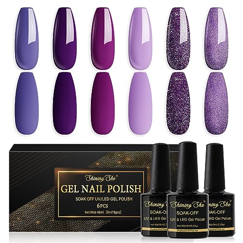 Shining She Esmaltes Semipermanentes Para Uñas en Gel UV LED,6 Colores Morado Oscuro Morado Glitter Púrpura Lavanda Pintauñas Semipermanentes Apto Para Principiantes Manicura,8ML