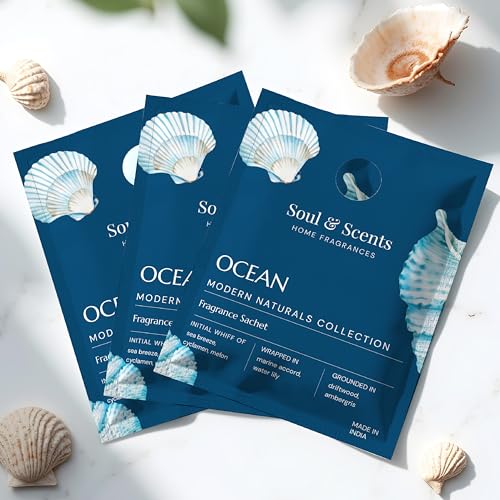 Image of Soul & Scents Ocean Fragrance Sachet | A Blend of Sea Breeze, Melon & Driftwood | Long-Lasting Air Freshener for Car, Wardrobe, Kitchen, and Travel Bag | Pack of 3-20gm Each