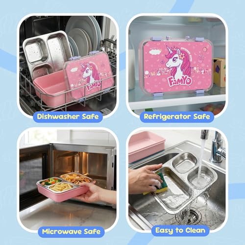 Image of Famyo Kids Bento Lunch Box Combo of 2 Leakproof BPA-Free 3 Compartments | Rexy Dino & June Unicorn, microwave-safe lunch boxes for school, durable food containers for boys & girls