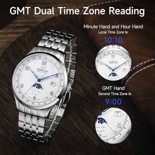 marvin Automatic GMT Men's Watch Swiss Movement Mechanical Luxury Watches for Men with Stainless Steel Strap,Sun&Moon Dial,Luminous Hands and Hour Markers,50m Waterproof2