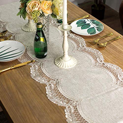 ARTABLE Lace Table Runner Rectangle Gray Cotton Linen Fabric Dresser Scarf with Exquisite Macrame Embroidery Table Runners for Kitchen Home Wedding Party Dining Decoration (Stone Gray, 16 x 48 Inch)