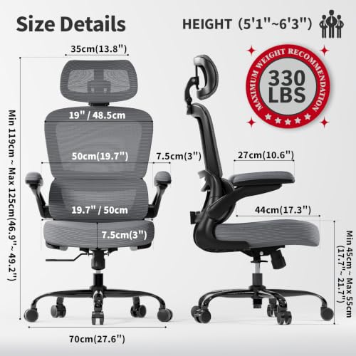 Image of TRALT Ergonomic Office Chair - Desk Chair with Adjustable Headrest Lumbar Support Computer Chair - Mesh Comfy Chair with Flip-up Armrests - Gaming Chairs for Adults Home Office (Leather, Dark Grey)