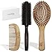 mimerkat Cepillos de pelo madera natural, juego de peines ecológicos de bambú, 3 en 1, peine de cerdas de jabalí, cepillo con cojín de masaje, dientes anchos, para mujer, hombre y niños