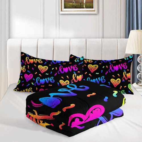 Image of QOOMO Colorful Love Kids Bedding Set, Love Heart Print Comforter Set for Boys Girls Teen Room Decorat, Black Soft Lightweight Bed Set All Season Twin Size, 1 Comforter Set 2 Pillowcases