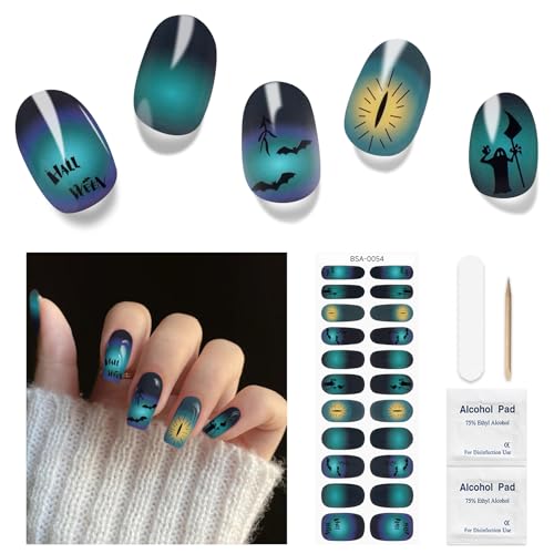 DUKASOU Halloween Gel Nail Stickers No UV Light Needed, 22Pcs Gel Nail Strips Set, Gel Nail Wraps for Women, Salon Quality Nail Polish Strips, Includes Prep Pads, Nail File & Wood Stick(Bat)