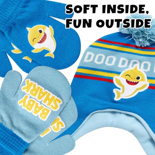 Image of Nickelodeon Boys' Baby Shark Winter Hat and 2 Pairs of Mitten Set (Toddler)
