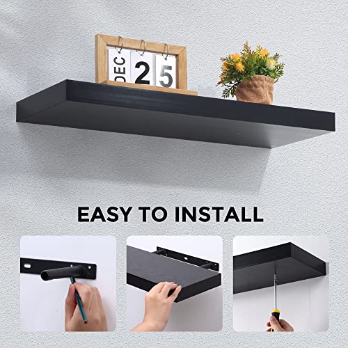 Floating Shelves - Black Rustic Wooden Wall Shelves Set Of 2 - Wall Mounted Storage Shelf With Invisible Brackets - Extra Deeper & Thicker For Living Room, Bedroom, Kitchen, Farmhouse - 24" L X 9" D #TOP5
