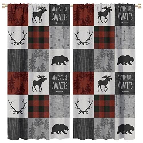 Image of JESTRONRY Moose Bear Bedroom Curtains,Vintage Country Forest Christmas Decor Black Red Plaid Deer Silhouettes Splicing Blackout Rod Pocket Window Drapes for Living Room Kitchen Decor W42xL45in