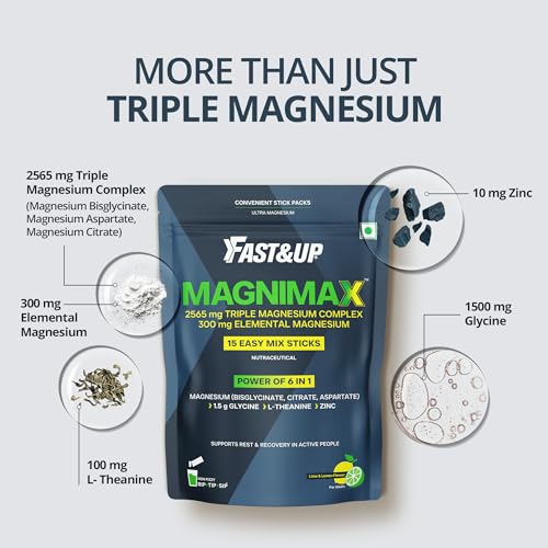 Image of Fast&Up Magnimax - Triple Magnesium Bisglycinate, Citrate, Aspartate | L-Glycine, L-Theanine, Zinc | Power of 6-in-1 | Lime & Lemon Flavour - 15 stick packs in a Pouch
