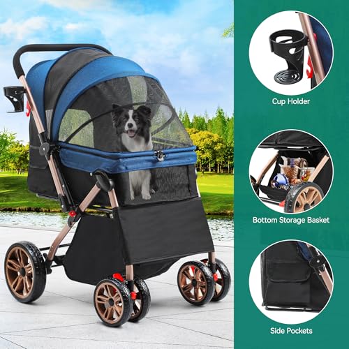 YITAHOME Hundebuggy für Hunde Hundewagen Klappbar bis 22 kg hundetrolley mit 4 Rollen für Mittelgroße Hunde Welpen und Katzen Netzfenstern Verstellbarer Griff