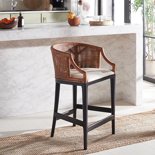 Taburete para mostrador SAFAVIEH Brando - Marrón y Negro con cojín blanco - Estructura de madera sólida - Diseño costero tapizado - Ideal para cocina, bar o comedor - Totalmente ensamblado (BST4000D) miniatura 4