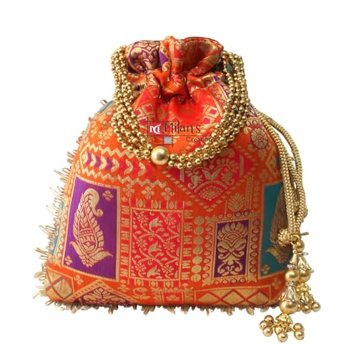 Image of MILAN'S CREATION Potli Banarasi Silk Brocade Bag Purse Drawstring Women's handbag with Pearl Handle & Tassel Weddings