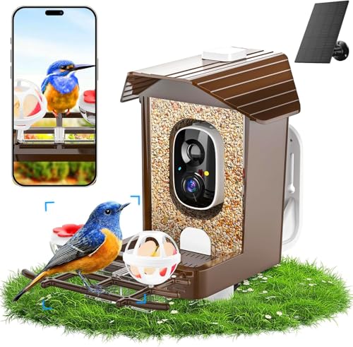 Smart Bird Feeder with Camera Solar Powered, Birdfeeder Cam for Outside Garden, AI Identify 10K+, 2K HD Live, WiFi Birdhouse Camera, Gifts for Bird Lover