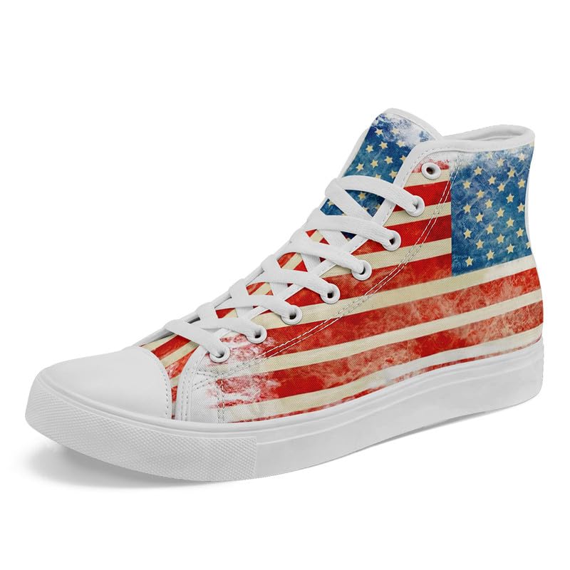 Onegam American Flag High Top Canvas Shoes, USA Flag Fashion Sneakers Lightweight Lace-Up Casual Walking Shoes for Women & Men