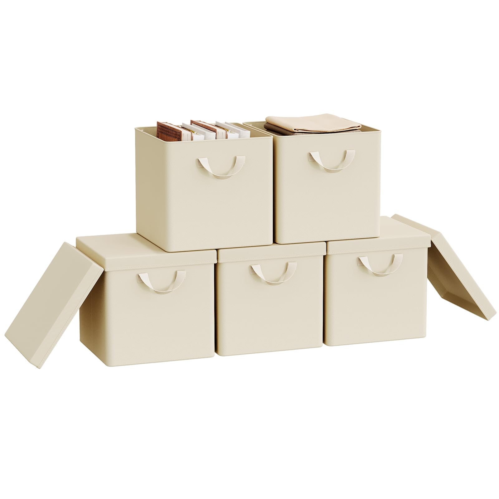 WOLTU Fabric Storage Boxes Set of 5, Folding Baskets with Lids, Handles, Metal Frame, Wardrobe Toy Organisers for Living Room, Bedroom, Office, Cream, 30x30x29cm
