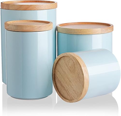 Sweejar Kitchen Canisters - Juego de tarros de cerámica para almacenamiento de alimentos, recipientes apilables con tapa de madera hermética para