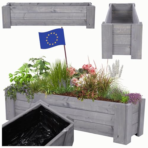 MODO24 Pflanzkübel aus Holz, Hochbeet mit Schutzfolie, Kiefernholz Pflanzkasten Blumenkasten für Outdoor Garten Terrasse Balkon, Wetterfest, Stabil & Dekorativ, 30x117x33 cm Farbe: Grau imprägniert