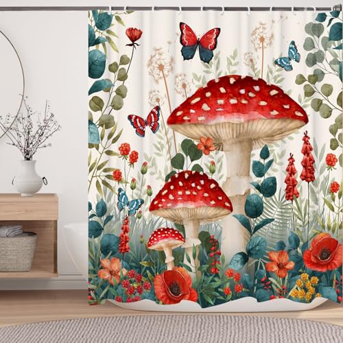 Image of Boho Mushroom Shower Curtain, Floral Woodland Farmhouse Cottagecore Aesthetic Sage Green Eucalyptus Shower Curtain Set, Fairy Witchy Plant Botanical Flower Fabric Bathroom Curatin with Hooks 72X72