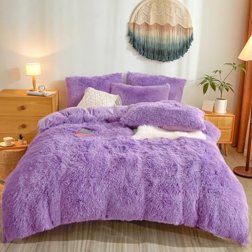 Furry Fluffy Purple Comforter Cover Twin Set – Faux Fur Furry Purple Bedding 2-Piece Set (1 Plush Duvet Cover + 1 Shaggy Pillow Sham) Cozy Bed Set