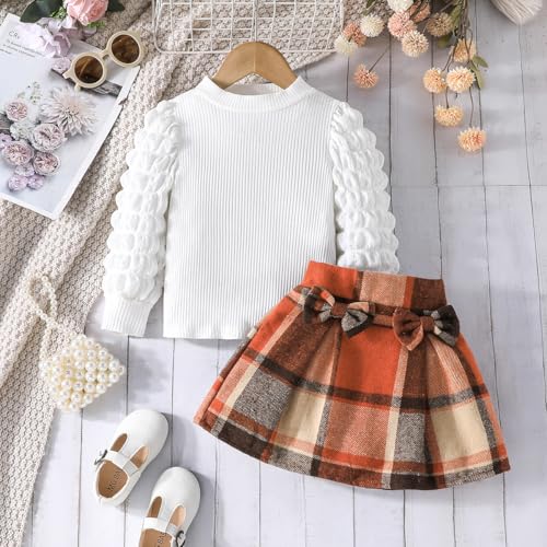 Image of Noubeau Toddler Girls Plaid Outfits Girls Puff Sleeve Knit Ribbed Shirt Tops Plaid Skirt Set Kids Fall Winter Clothes