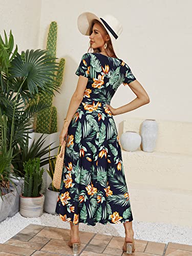 HUHOT Women's Short Sleeve Wrap V Neck Dresses for Wedding Guest Summer Floral Maxi Sundresses with Pockets Boho Dress3