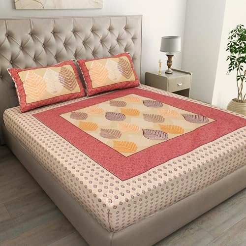 Image of Pure 100% Cotton Double Bed Sheet with 2 Pillow Covers King Size (90 x 100 Inch, Off Pink Floral Jaipuri)